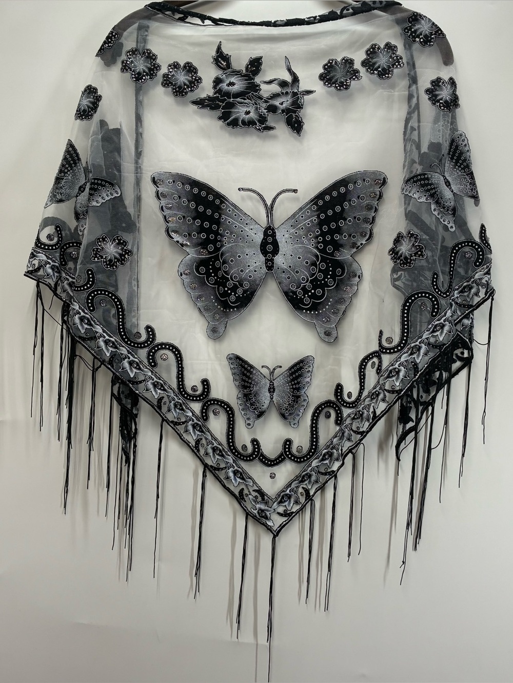 Vintage Y2K Butterfly Velvet Fringe Cape Shawl Sheer Black Goth Vampire Witch